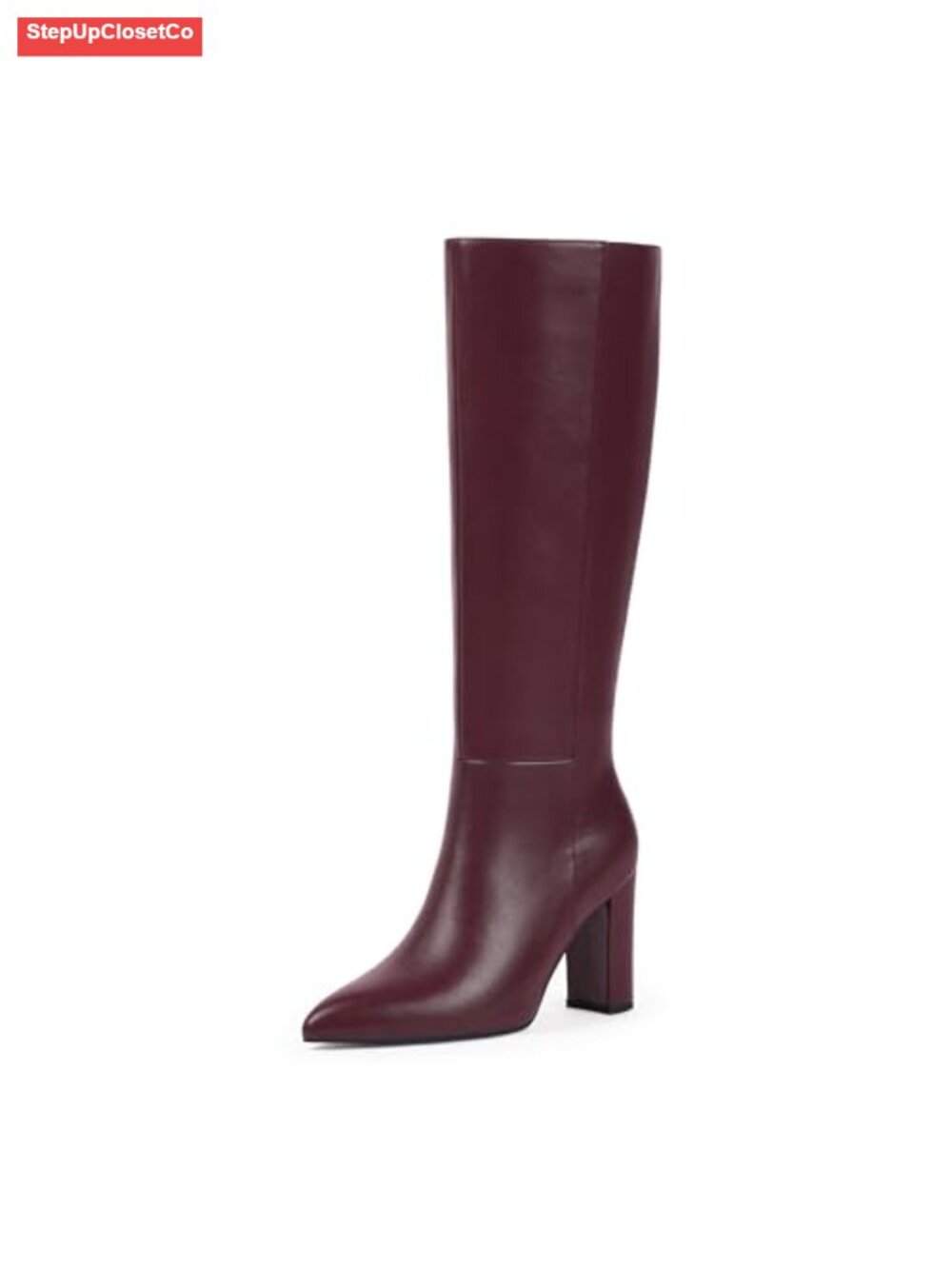 Pointed Toe Knee High Boots Chunky Heel Side Zipper Faux Leather